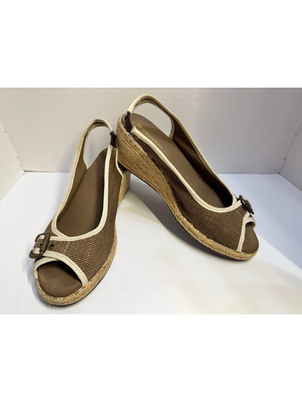 Naturalizer Women's Brown/Beige Comfy Straw Wedge Espadrille Sandals Size 8M